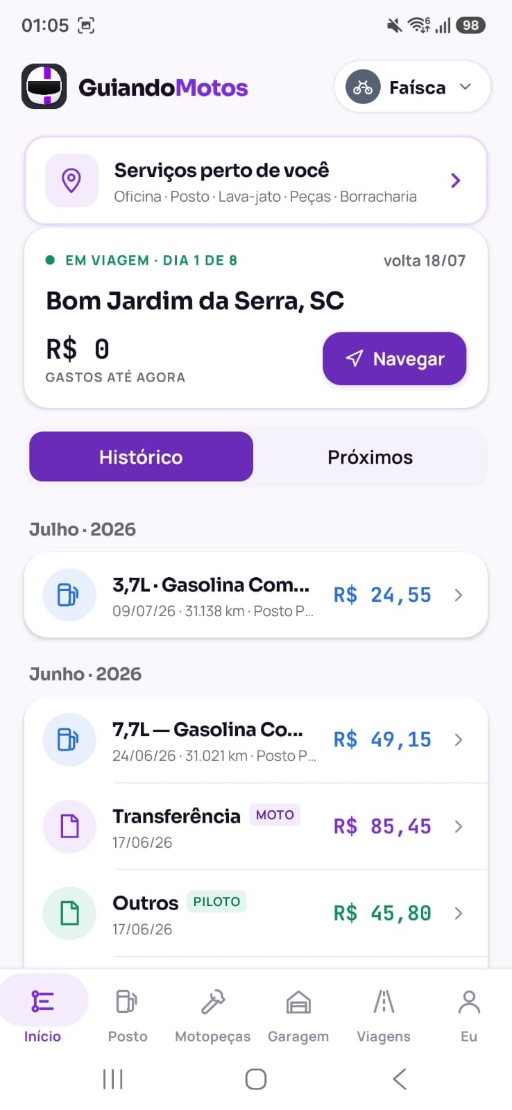 Tela de início do app: serviços perto de você, viagem em andamento e histórico de abastecimentos e despesas
