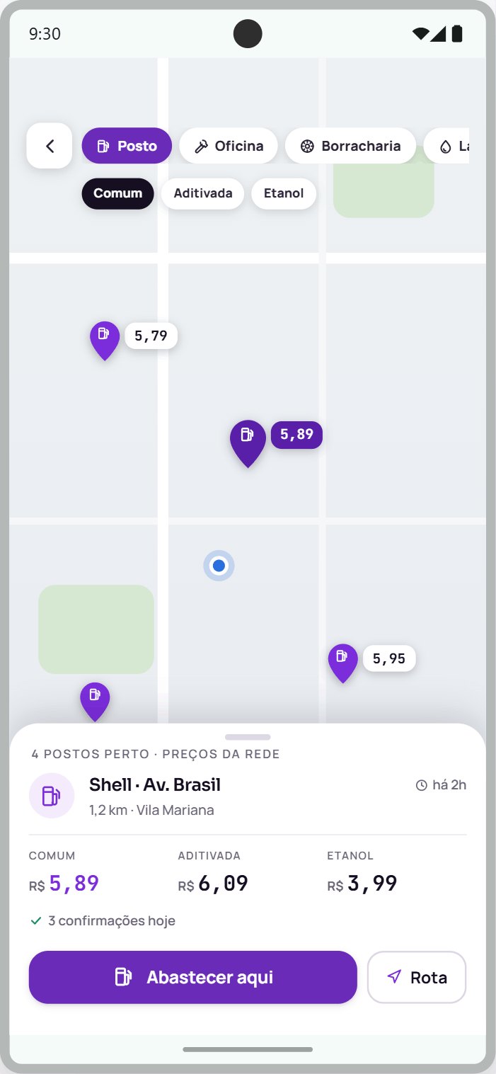 Busca no mapa do app, com categorias como posto, oficina e borracharia