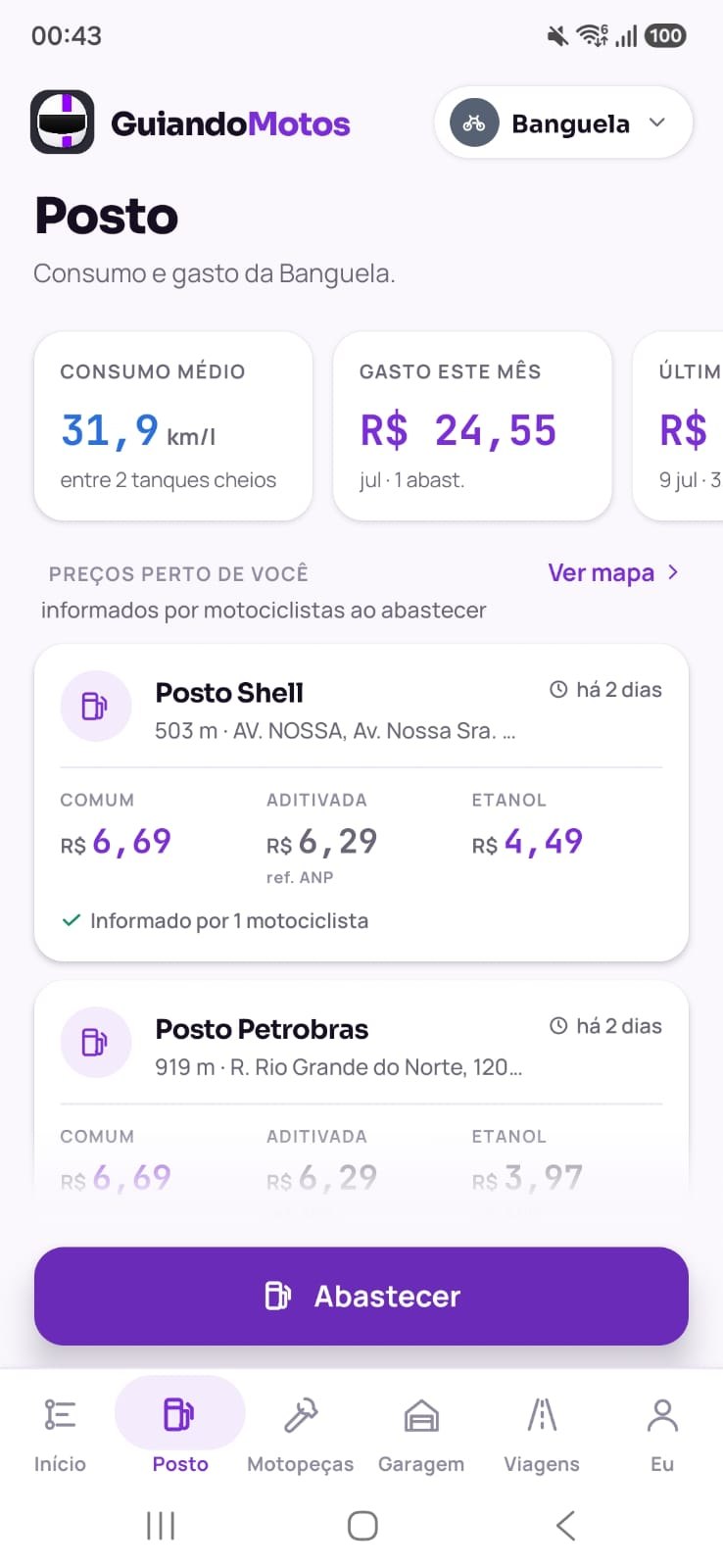 Aba Posto do app: consumo médio, gasto do mês e preços perto de você informados por motociclistas