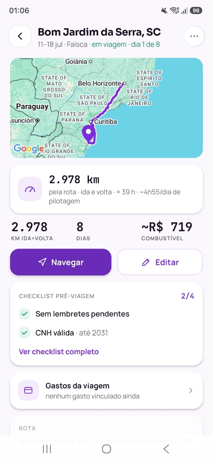 Viagem no app: rota real no mapa até Bom Jardim da Serra, km ida e volta, dias e gasto estimado de combustível